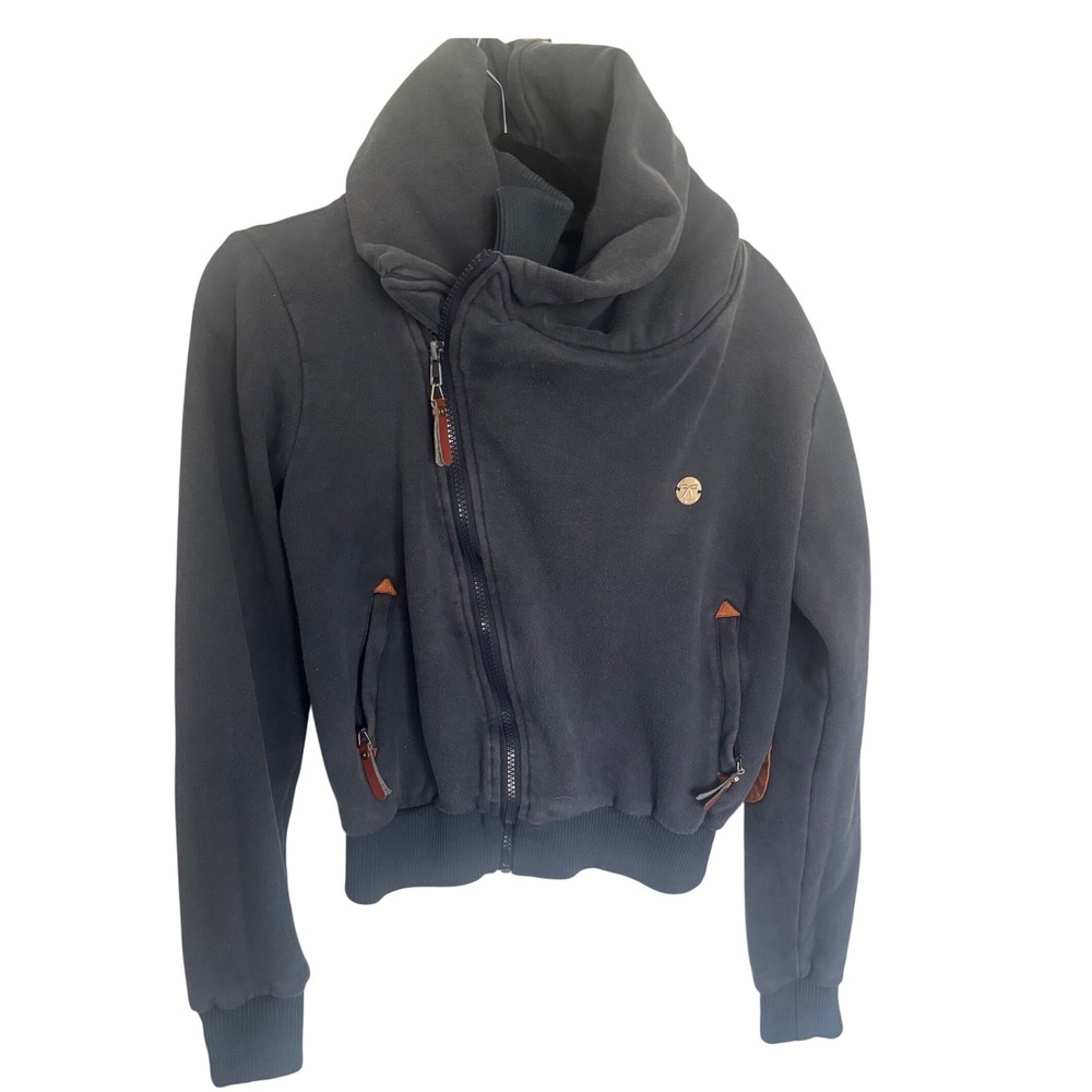 Spiced Equestrian Navy Blue Asymmetrical Zip Fleece Jacket Horse Elbow Patches